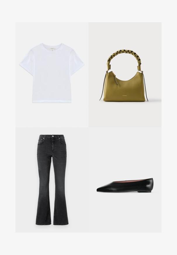 T-shirt blanc court en coton doux, avec un col rond et des manches courtes, d'ajustement légèrement décontracté. Pas de motifs ni d'accents.; CLOSED JOVANNA - Jean slim - dark grey; Chaussure plate en cuir noir pour femme, avec bout pointu et petit talon, vue de côté sur un fond gris clair uni.; Sac à main en cuir vert olive avec poignée tressée, fermeture éclair dorée et petit logo "Coccinelle" doré à l'avant.