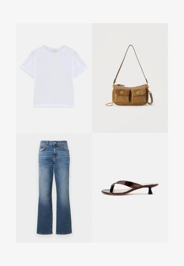 Weißes, kürzer geschnittenes T-Shirt aus weicher Baumwolle mit Rundhalsausschnitt und kurzen Ärmeln in einem leicht lässigen Schnitt. Keine Muster oder Akzente.; Blaue Denim-Jeans mit geradem Bein, mittelhoher Taille, fünf Taschen Design und dezenten Verwaschungen entlang der Beine.; Braune Schildpatt-Kitten-Heel-Sandale mit Zehensteg und quadratischer Spitze auf einfachem hellen Hintergrund.; Braune Leder-Umhängetasche mit zwei vorderen Klappentaschen, die goldene Drehverschlussverschlüsse und ein goldfarbenes Kettendetail auf einer Seite aufweisen.