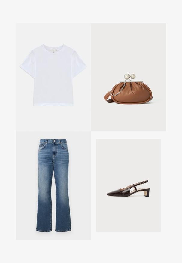 T-shirt blanc court en coton doux, avec un col rond et des manches courtes, d'ajustement légèrement décontracté. Pas de motifs ni d'accents.; Jeans en denim bleu avec une coupe droite, taille mi-haute, design à cinq poches et décoloration subtile le long des jambes.; Escarpin slingback marron à bout pointu avec talon bloc bas, motif crocodile, découpe latérale et bride à boucle réglable, présenté sur fond blanc.; Pochette en cuir marron avec un fermoir à boule en argent et un petit détail en chaîne argentée sur fond blanc.