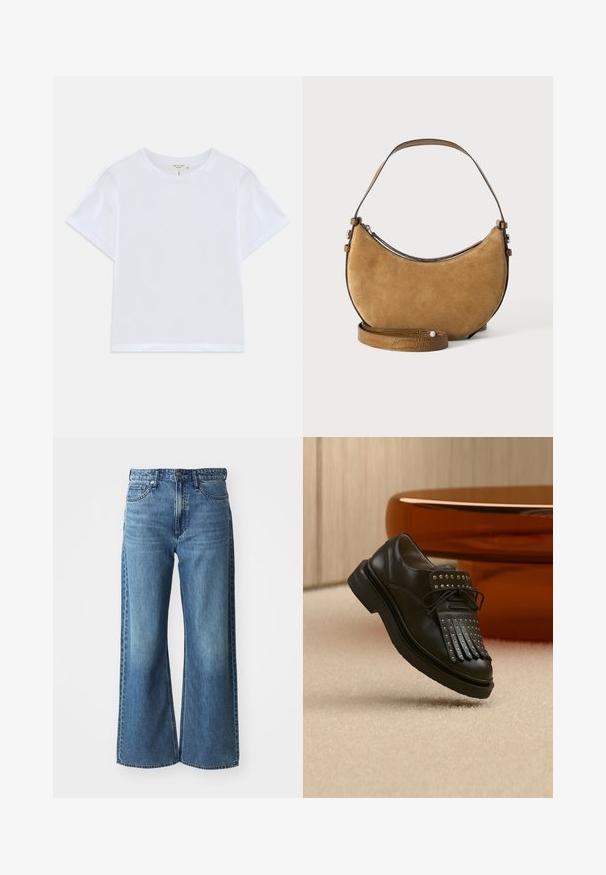 T-shirt blanc court en coton doux, avec un col rond et des manches courtes, d'ajustement légèrement décontracté. Pas de motifs ni d'accents.; Jean en denim bleu à jambes larges avec une taille mi-haute, cinq poches et un léger dégradé. Caractéristiques : passants de ceinture et détails cousus.; Chaussure en cuir noire à lacets avec franges décoratives et clous métalliques posée sur un tapis beige près d'un meuble marron.; Sac à main croissant en daim marron avec une seule poignée et une bandoulière supplémentaire amovible texturée avec un petit détail en perle.