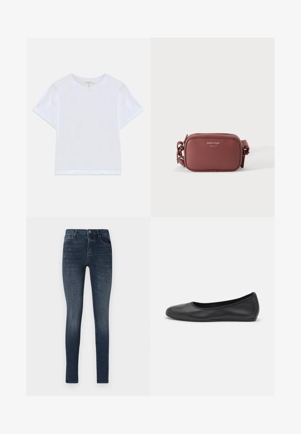 Hvid cropped t-shirt lavet af blødt bomuld, med rund hals og korte ærmer og en let løs pasform. Ingen mønstre eller accenter.; Slanke denim jeans i mørkeblå, med fem lomme-design, let slidser og en knaplukning i taljen.; Sort læderballetsko med rund tå, glat tekstur, minimal syning og et fleksibelt såldesign.; Lille rektangulær brun læder crossbody taske med sølv lynlås og justerbar rem på hvid baggrund.