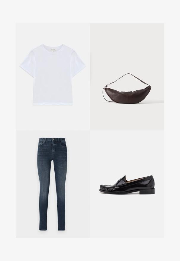 Hvid cropped t-shirt lavet af blødt bomuld, med rund hals og korte ærmer og en let løs pasform. Ingen mønstre eller accenter.; Slanke denim jeans i mørkeblå, med fem lomme-design, let slidser og en knaplukning i taljen.; Sorte læder moccasin sko med en skinnende finish, der har frynsedetaljer langs fronten og en lav stabelhælk.; Mørkebrun læder skuldertaske i halvmåneform med buet rem og synlige syninger på ensfarvet baggrund.