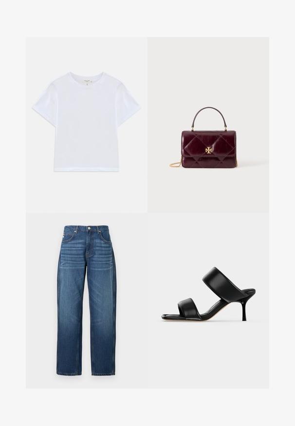 Hvid cropped t-shirt lavet af blødt bomuld, med rund hals og korte ærmer og en let løs pasform. Ingen mønstre eller accenter.; Mørkeblå denimjeans, lige ben-design, fem lommer og kobberfarvet syning ved sømmene. Glat tekstur med let falming på stoffet.; Sort læder mule sandal med to brede remme og en slank mellemhøj stiletthæl på en ensartet lys baggrund.; Lille mørk bordeaux læderhåndtaske med quiltet mønster, guld logo lås, top håndtag og guldkæde rem på hvid baggrund.