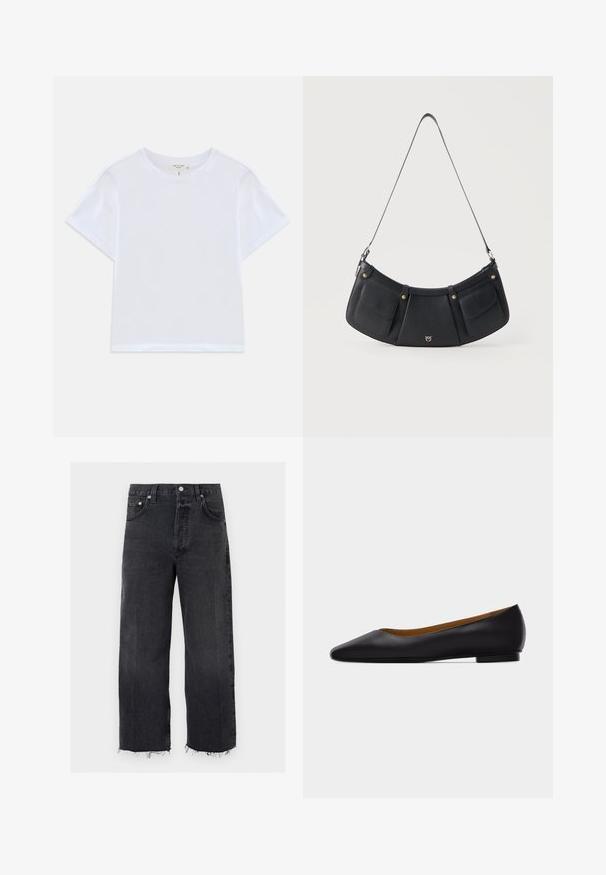 Witte cropped t-shirt van zacht katoen, met een ronde hals en korte mouwen in een iets ontspannen pasvorm. Geen patronen of accenten.; Zwarte high-waist wijde broekspijpen jeans met onafgewerkte zoom, knoop aan de voorkant, ritssluiting en vijfzakkenontwerp.; Zwarte leren puntschoen met lage hak en gladde afwerking, zijaanzicht op een lichtgrijze achtergrond.; Zwarte leren schoudertas met twee voorvakjes met klep, goudkleurige knoopdetails en een dunne verstelbare riem.