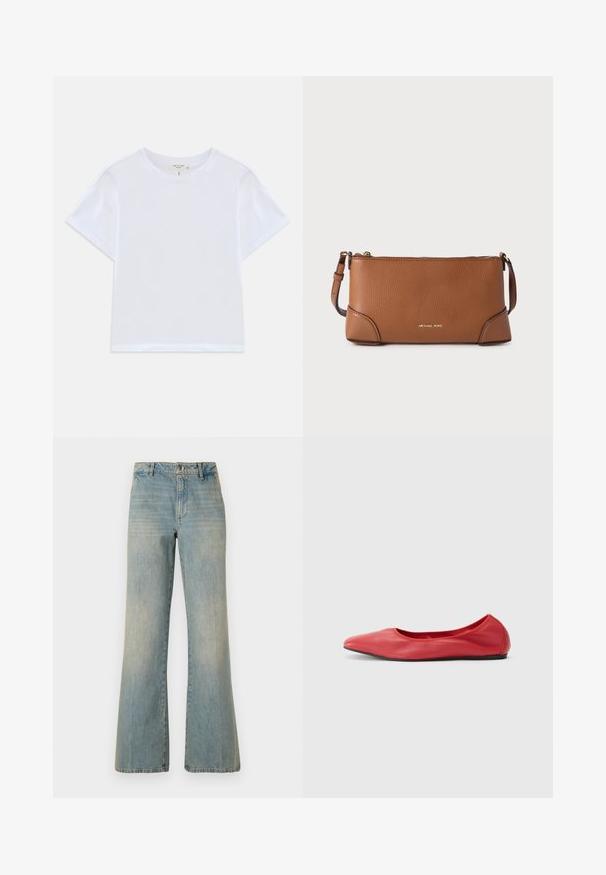 Witte cropped t-shirt van zacht katoen, met een ronde hals en korte mouwen in een iets ontspannen pasvorm. Geen patronen of accenten.; Lichtblauwe denim wijdlopende jeans met een hoge taille, knoopsluiting en vervaagde textuur. Bevat het klassieke vijf-pocket ontwerp en rechte pijpen.; Filippa K REY FLATS - Ballerina's - bright red; Bruine leren clutchtas met een korrelige textuur, een gouden ritssluiting en een afneembare riem. Voorzien van een subtiel logo-opdruk aan de voorkant.