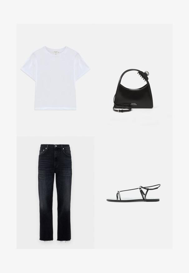 Weißes, kürzer geschnittenes T-Shirt aus weicher Baumwolle mit Rundhalsausschnitt und kurzen Ärmeln in einem leicht lässigen Schnitt. Keine Muster oder Akzente.; Hochgeschnittene, gerade Jeans aus dunkel gewaschenem Denim mit fransigem Saum und klassischem Fünf-Taschen-Design mit silbernen Hardware-Elementen.; Schwarze flache Sandale mit dünnen Riemen, einer Zehenschlaufe und einer verstellbaren Knöchelschnalle auf hellgrauem Hintergrund.; Schwarze Marc Jacobs Handtasche mit einem gebogenen Griff und einer angehefteten schwarzen Haarklammer auf einem weißen Hintergrund.