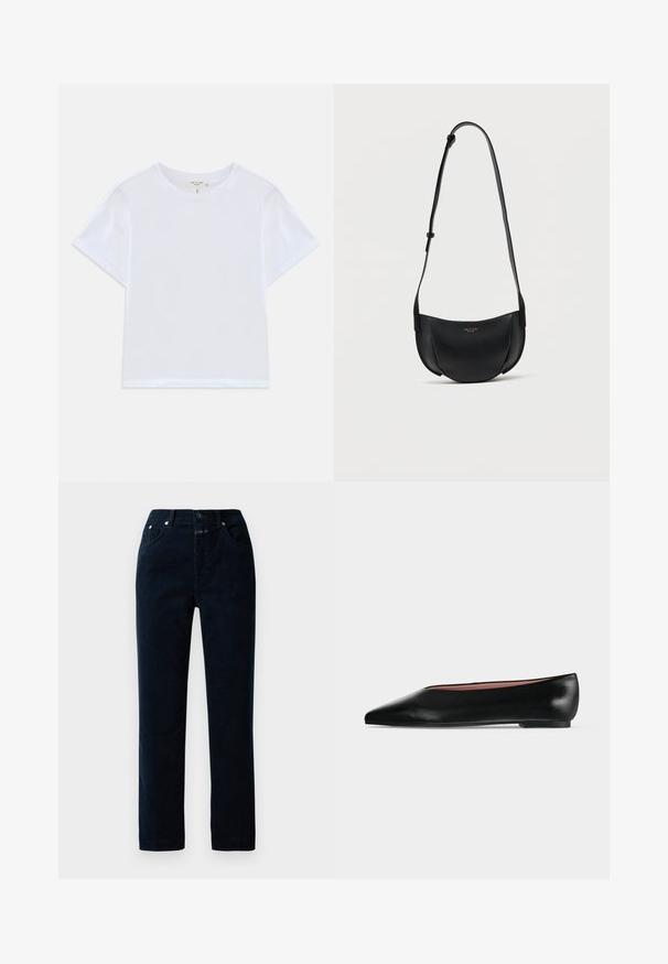Hvid cropped t-shirt lavet af blødt bomuld, med rund hals og korte ærmer og en let løs pasform. Ingen mønstre eller accenter.; Marinblå kordfløjlsbukser med lige ben, der har frontlommer, lynlåsgylpter og metalknapdetaljer på taljen.; Sort damesko i læder med flad hæl og spids tå, vist fra siden på en ensfarvet lys grå baggrund.; Sort læder crossbody-taske i halvmåneform med justerbar rem og lille guldlogo foran i midten.