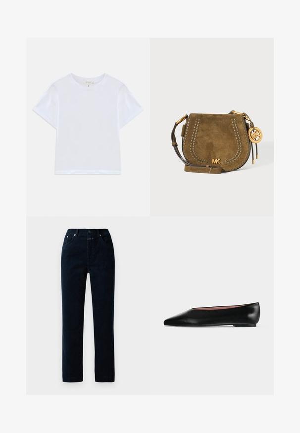 Hvid cropped t-shirt lavet af blødt bomuld, med rund hals og korte ærmer og en let løs pasform. Ingen mønstre eller accenter.; Marinblå kordfløjlsbukser med lige ben, der har frontlommer, lynlåsgylpter og metalknapdetaljer på taljen.; Sort damesko i læder med flad hæl og spids tå, vist fra siden på en ensfarvet lys grå baggrund.; Olivengrøn ruskind crossbody taske med fletdet kant, justerbar rem og guldfarvet MK-logo og vedhæng på lys baggrund.
