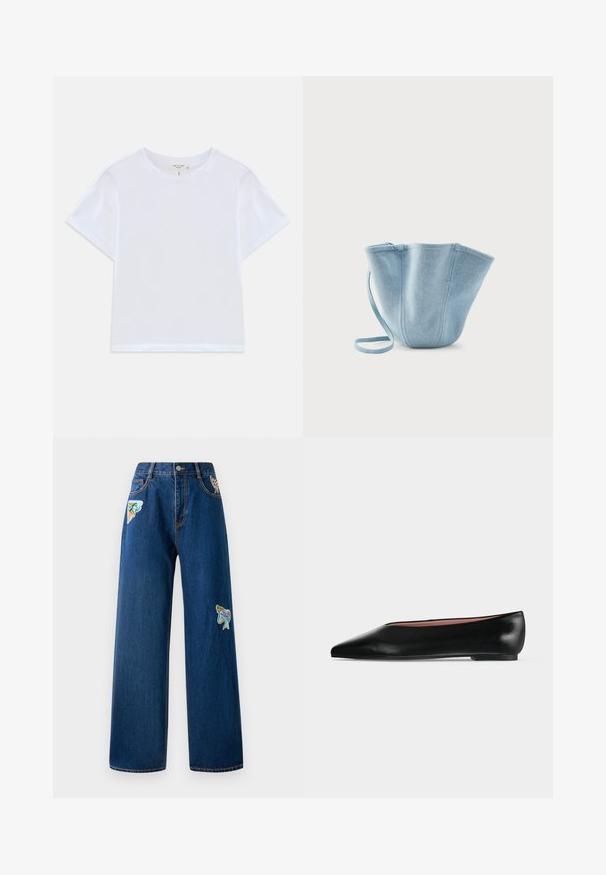 Weißes, kürzer geschnittenes T-Shirt aus weicher Baumwolle mit Rundhalsausschnitt und kurzen Ärmeln in einem leicht lässigen Schnitt. Keine Muster oder Akzente.; Dunkelblaue Denim-Hosen mit weitem Bein und zwei bunten Stickereipatches auf der Vorderseite. Verfügt über Standardtaschen und sichtbare Nähte.; Schwarzer flacher Damenleder-Schuh mit spitzer Kappe und niedrigem Absatz, von der Seite auf einfarbigem hellgrauem Hintergrund gezeigt.; Hellblauer Stoff-Beuteltasche mit langem Riemen, weiter oberer Öffnung und genähten vertikalen Nähten, vor einem schlichten weißen Hintergrund abgebildet.