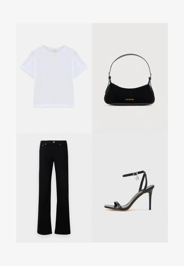 T-shirt blanc court en coton doux, avec un col rond et des manches courtes, d'ajustement légèrement décontracté. Pas de motifs ni d'accents.; Jean évasé noir en mélange de coton, doté d'un design classique à cinq poches, d'une fermeture à bouton métallique et de détails de couture subtils.; Sandale à talon haut noire avec une bride étroite à la cheville, bout carré, cuir lisse et accent de boucle métallique.; Sac à bandoulière en cuir verni noir de forme incurvée, logo doré "LOVE MOSCHINO" sur le devant, et bandoulière ajustable avec ferrures dorées.
