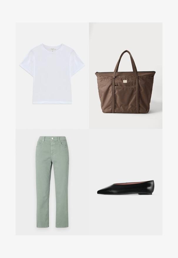 Hvid cropped t-shirt lavet af blødt bomuld, med rund hals og korte ærmer og en let løs pasform. Ingen mønstre eller accenter.; Lys grønne bomuldsbukser med lige pasform, der har frontlommer, en knaplukning og diskrete syninger.; Sort damesko i læder med flad hæl og spids tå, vist fra siden på en ensfarvet lys grå baggrund.; Brun og sort lille ternet skuldertaske med dobbelte håndtag og en forlomme mod en ensfarvet hvid baggrund.