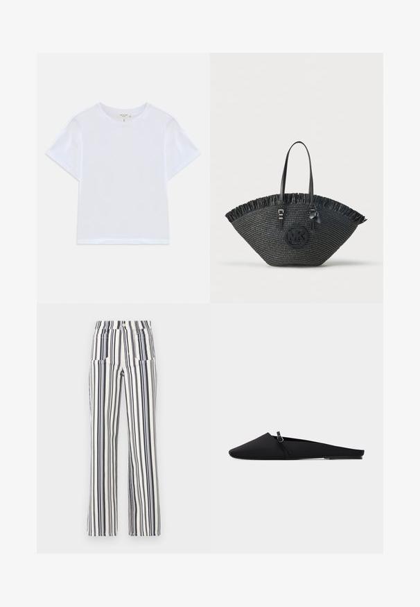 T-shirt blanc court en coton doux, avec un col rond et des manches courtes, d'ajustement légèrement décontracté. Pas de motifs ni d'accents.; Pantalon rayé en bleu marine et blanc, présentant une taille haute et des jambes larges, fabriqué dans un tissu léger avec une texture douce.; Chaussure plate noire à bout pointu avec une fine lanière et une boucle argentée, matériau lisse et talon bas sur fond blanc.; Sac à main noir tissé en forme d'éventail avec bordure en franges, poignées en cuir et charm rond avec le logo Michael Kors.