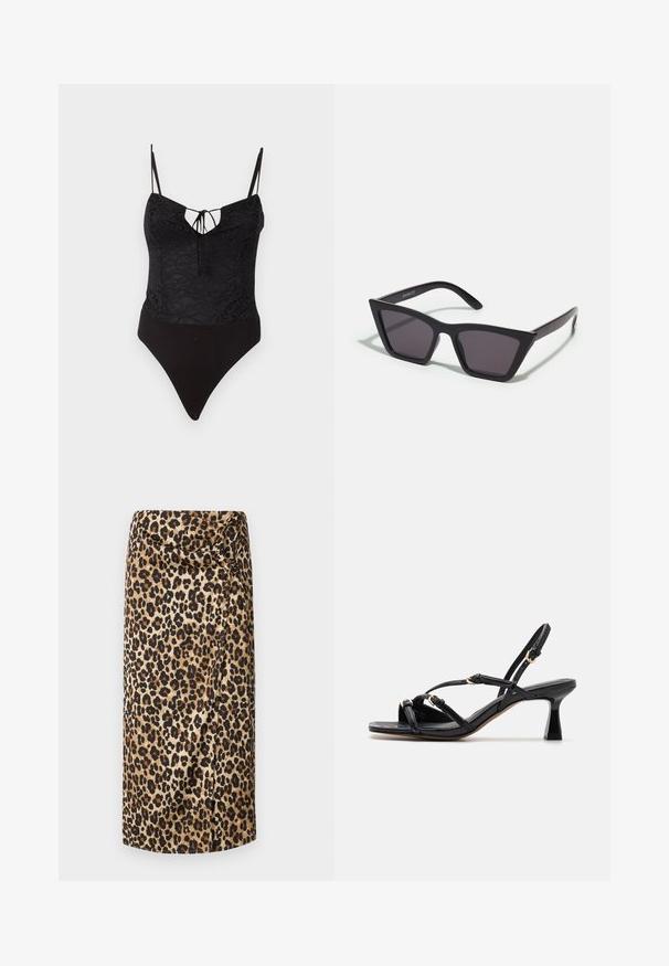 Bodysuit noir en tissu dentelle sur le dessus, avec un décolleté en V et un détail à nouer, des fines bretelles ajustables et une coupe haute.; Jupe midi en imprimé léopard, texture soyeuse, base beige neutre avec des taches noires et brunes, design drapé avec un détail tordu à la taille.; Call it Spring DIANAH - Sandales - black; Lunettes noires angulaires avec des verres gris ; fabriquées en plastique, avec des branches épaisses à la surface lisse et sans matériel visible.