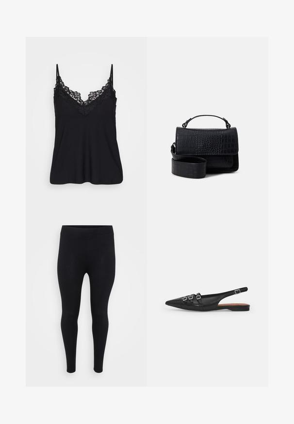 Schwarzes Trägertop mit Spitzenbesatz entlang des Rundhals- und der Träger; weicher Stoff mit fließendem Design für eine entspannte Passform.; Schwarze Leggings mit glatter Textur, hoher Taille und enganliegender Form. Verfügt über subtile seitliche Details entlang der Nähte.; Schwarze Leder-Slingback-Ballerina mit spitzem Zeh, ausgestattet mit zwei horizontalen Riemen und quadratischen silbernen Schnallen, mit flachem Absatz und glatter Oberfläche.; Schwarze Umhängetasche mit Krokodilprägung, abnehmbarem Riemen und Oberhandgriff, ausgestattet mit einem Klappenverschluss und glatter Oberfläche.