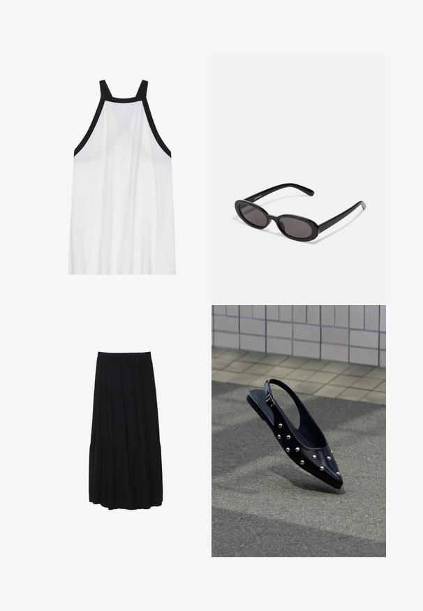 Débardeur blanc sans manches avec un col haut ; présente des bretelles noires en accent. Tissu lisse et léger avec une coupe décontractée.; Jupe midi noire à volants avec une taille élastique, fabriquée en tissu doux, présentant une silhouette fluide et une texture lisse.; Chaussure slingback noire à bout pointu avec des clous argentés, flottant au-dessus d'un bitume près d'un mur carrelé en arrière-plan.; Even&Odd Lunettes de soleil - black