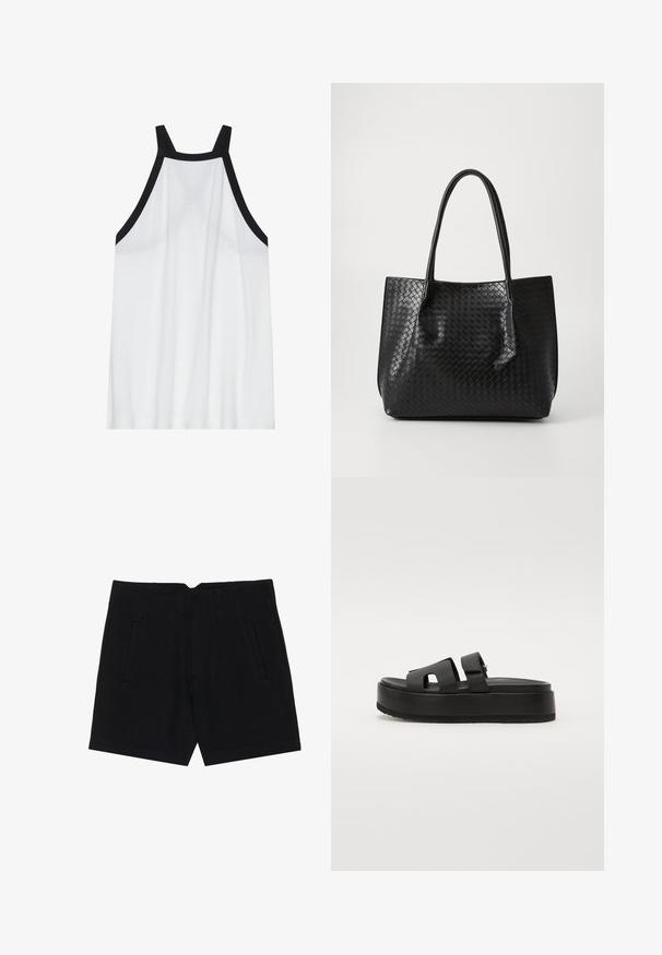 Débardeur blanc sans manches avec un col haut ; présente des bretelles noires en accent. Tissu lisse et léger avec une coupe décontractée.; Shorts noirs en tissu lisse, avec des poches latérales, une coupe ajustée et des plis structurés à l'avant pour une silhouette épurée.; Sandales à plateforme noires avec deux larges brides, en matériau lisse. Présentent une semelle épaisse avec un dessous texturé pour l'adhérence.; Sac de tote en cuir tressé noir avec deux poignées, forme structurée et finition légèrement brillante sur un fond clair.