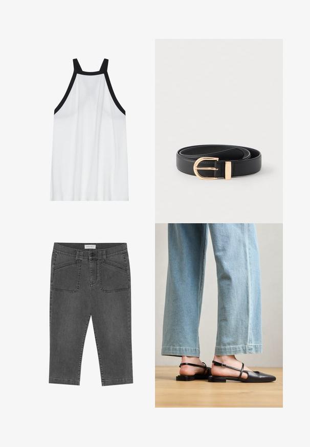 Hvid udenærmet tanktop med høj krave; har sorte accentstropper. Glat, letvægtsstof med en afslappet pasform.; Grå denim capri-bukser med en tætsiddende design, der har frontlommer, knaplukning og en let slidt tekstur.; Sorte læder slingback-sko med spidse tæer, flad hæl og ankelrem; båret med lyseblå viddebenede jeans.; Sort læderbælte snoet med en poleret guldtonet rund spænde og matchende løkke på en hvid baggrund.
