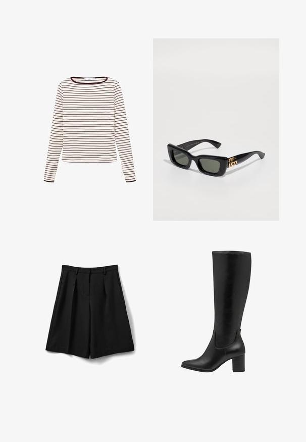 Chemise à manches longues de couleur crème avec des fines Rayures noires horizontales et un bord foncé au niveau de l'encolure ronde et des poignets.; Shorts noirs sur mesure longueur genou avec passants de ceinture, plis sur le devant et braguette, posés à plat sur un fond blanc.; Bottes noires montantes en cuir lisse. Elles présentent un bout effilé, un talon bloc et des panneaux élastiques sur les côtés pour un enfilage facile.; Lunettes de soleil noires rectangulaires avec verres vert foncé, arborant un logo doré brillant sur le côté. Monture en plastique lisse au design audacieux.