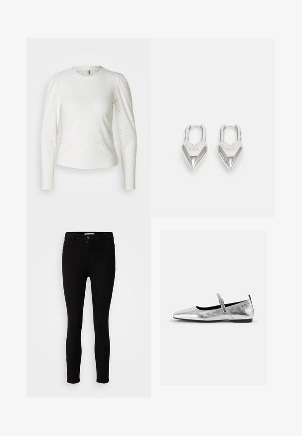 Weißes Langarmhemd aus strukturiertem Stoff mit einem subtilen Ösenmuster und geraFFten Schultern. Runder Halsausschnitt und figurbetonte Passform.; Schwarze Slim-Fit-Jeans mit Knopf- und Reißverschluss, Front- und Gesäßtaschen, auf einem neutralen weißen Hintergrund präsentiert.; Silberne metallic Ballerinas mit spitzem Zeh, Riemchen mit verstellbarem Schnallenverschluss, strukturiertem Obermaterial und minimalistischem schwarzen Schuhsohle.; Silberne herzförmige Vorhängeschlösser mit eingravierten "JA"- und "NEIN"-Texten, polierte Oberfläche, symmetrisches Design und einem robusten Metallverschluss.