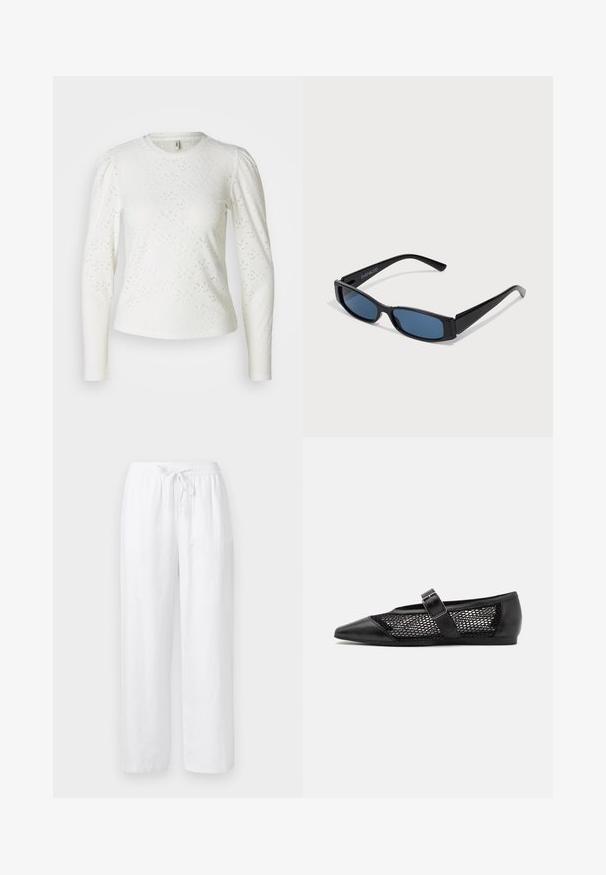 Chemise blanche à manches longues en tissu texturé présentant un motif d'œillets subtil et un détail d'épaule froncé. Col rond et coupe cintrée.; Pantalon ample en mélange de lin blanc avec ceinture élastique et cordon à l'avant, coupe droite.; Chaussure plate noire avec un bout pointu, panneaux latéraux en maille et une sangle avec une boucle décorative. Fini lisse sur les sections du bout et du talon.; Lunettes de soleil noires avec une monture rectangulaire élégante et des verres bleus. Présente une texture lisse et des branches robustes. Logo de la marque sur le côté.