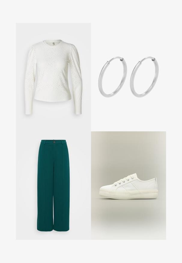 Weißes Langarmhemd aus strukturiertem Stoff mit einem subtilen Ösenmuster und geraFFten Schultern. Runder Halsausschnitt und figurbetonte Passform.; Even&Odd Petite Stoffhose - dark green; Weißer Sneaker mit niedrigem Schaft, dicker gerippter Sohle, Schnürung vorne und Zuglasche an der Ferse vor neutralem Hintergrund.; Silberne Creolen, kreisförmig, mit glatter, glänzender Oberfläche und gleichbleibender Breite. Minimalistisches Design ohne zusätzliche Akzente.