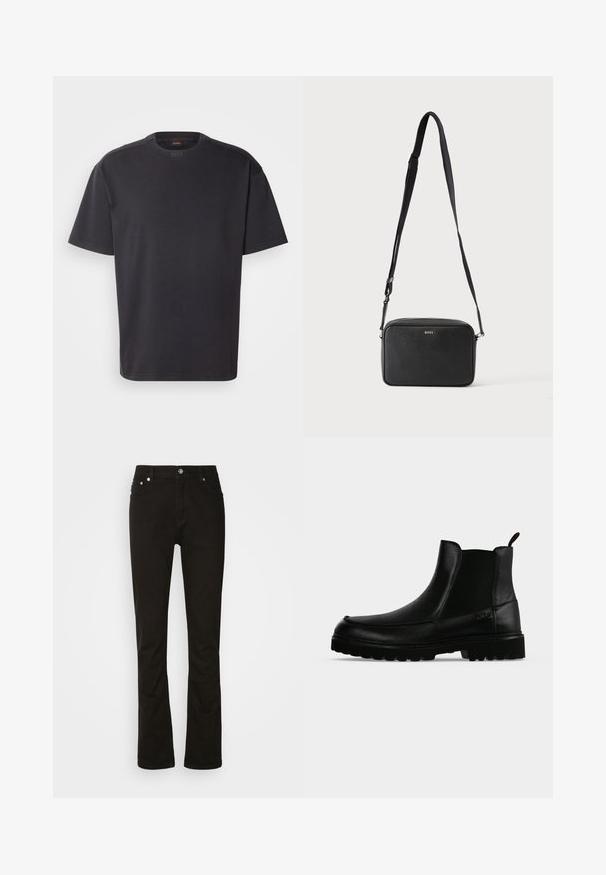 T-shirt noir à manches courtes en coton, avec un col rond et un logo discret au niveau du col. Texture lisse avec une coupe décontractée.; Jeans en denim noir au design droit, avec poches avant, braguette zippée et accents en métal argenté. Texture lisse, sans motifs.; Bottine noire en cuir avec semelle texturée, panneaux latéraux élastiques et languette de tirage sur fond gris clair.; Sac bandoulière rectangulaire noir avec sangle réglable et logo BOSS sur le devant, sur un fond clair uni.