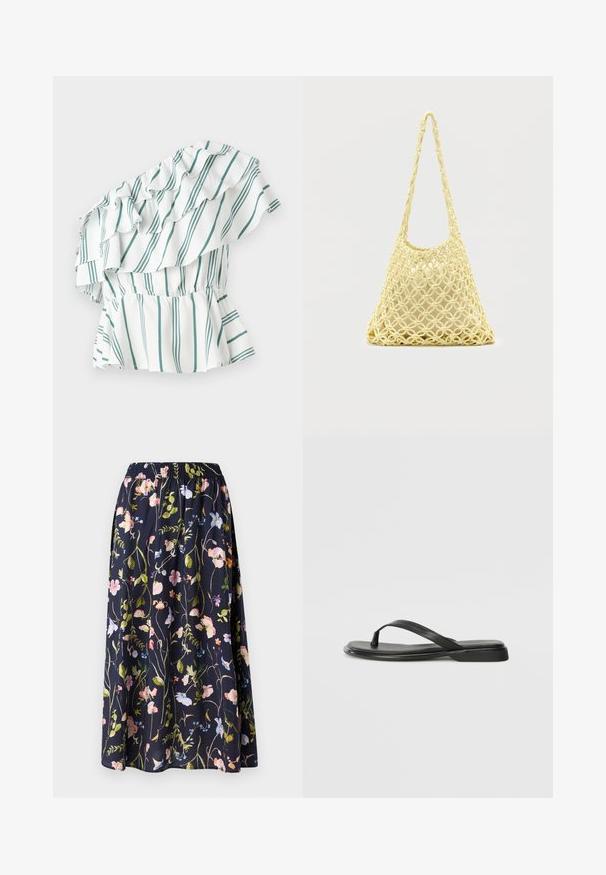 Top de un solo hombro en blanco con rayas verdes, que presenta detalles con volantes y una cintura fruncida para un efecto peplum. Tejido suave.; Falda floral en azul marino con una cinturilla elástica, que presenta un estampado de flores rosas, azules y verdes sobre un tejido texturizado.; Chancla negra de piel suave, con un diseño de tira delgada y una suela plana de perfil mínimo. Sin patrones ni acentos notables.; Bolso de red de macramé amarillo con correa larga y bolsa beige en su interior, mostrado sobre un fondo blanco liso.