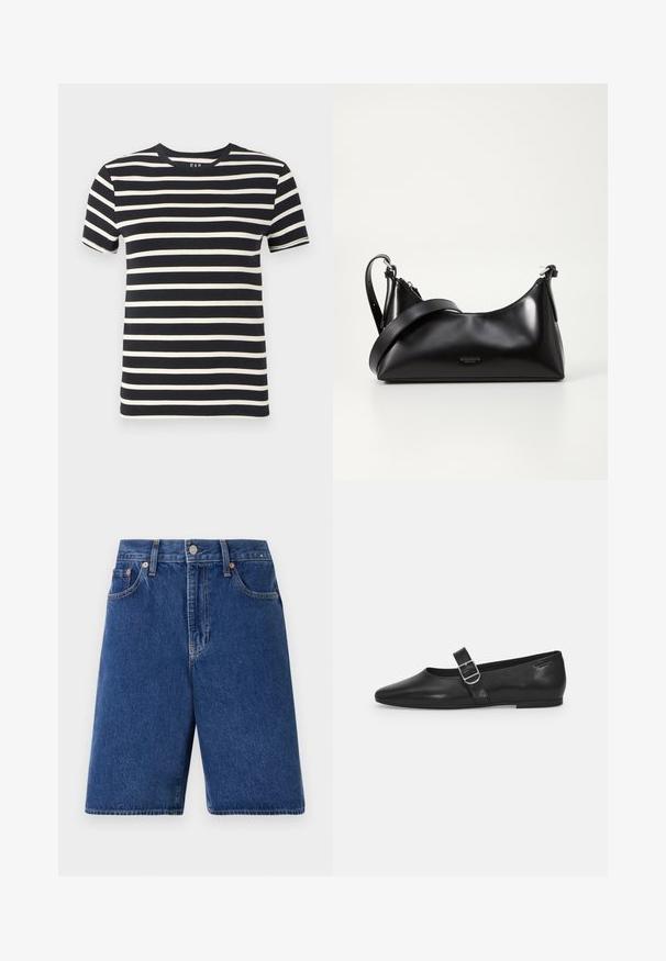 Marineblauwe T-shirt met horizontale roomkleurige strepen, ronde halslijn, korte mouwen en zachte katoenmateriaal. Randen zijn netjes afgewerkt.; Donkerblauwe denim shorts met een klassieke pasvorm, vijf-pocket ontwerp en oranje stiksel. Afgewerkt met een knoop en rits aan de voorkant.; Zwarte leren platte schoen met een ronde neus, een enkele verstelbare gespsluiting en een gladde, glanzende textuur. Minimalistisch ontwerp met een lage hak.; Zwarte leren handtas met een gladde textuur. Beschikt over een verstelbare schouderband en een strak, minimalistisch ontwerp met een ritssluiting.