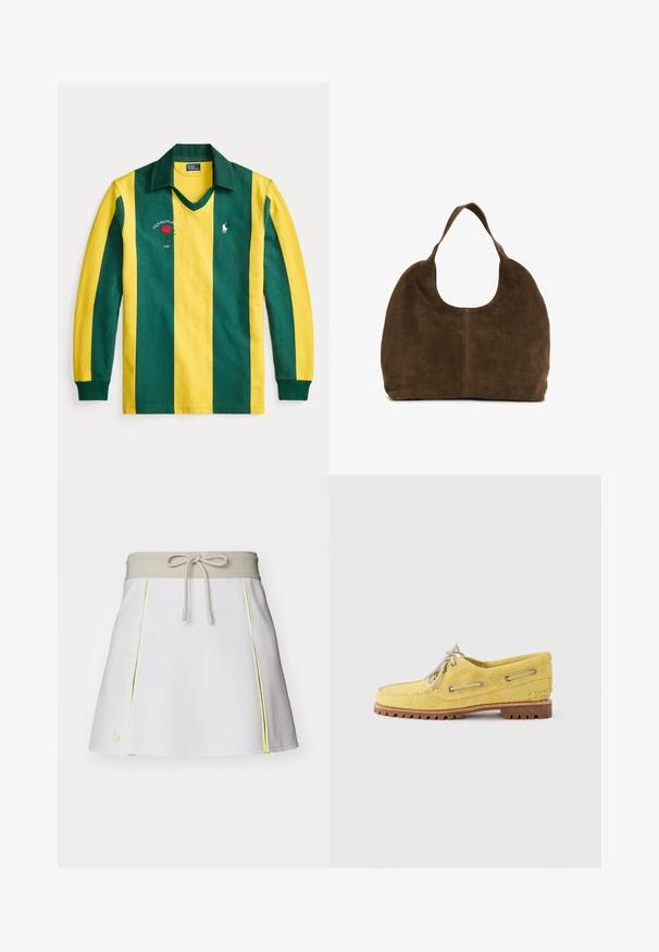 Pikad varrukadega ragbimärkidega särk rohelist ja kollast vertikaalset triibutust, roheline krae ning tikitud Polo Ralph Laureni logo punase roosiga.; Valge seelik lühikesed püksid, millel on beež elastne vöökoht ja pael. Külgedel on neoonkollased detailid ja voltimine. Lacoste logo vasakul all ääres.; Kollane seemisnahast paatjalats hallide paelte, metallist silmuste ja tekstuurse kummist tallaga, millel on mokasiini-stiilis õmblusdisain.; Pehme pruuni seemisnahast hobo-kott, millel on üks lai rihm ja ümarad ülaääred, valgel taustal eksponeeritud.