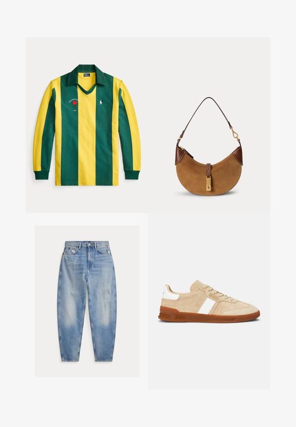 Rugbyshirt met lange mouwen met groene en gele verticale strepen, een groene kraag en het geborduurde Polo Ralph Lauren-logo met een rode roos.; Lichtblauwe high-waisted spijkerbroek met lichte vervaging en slijtage bij de voorzakken, vijfzakkenstijl en taps toelopende pijpen.; Beige suède sneakers met witte strepen, rubberen zool en beige accenten. Voorzien van een gestructureerd bovenwerk en een logo aan de zijkant.; Bruine suède halve maan handtas met donkerbruine lederen accenten, goudkleurige hardware en een korte schouderriem.