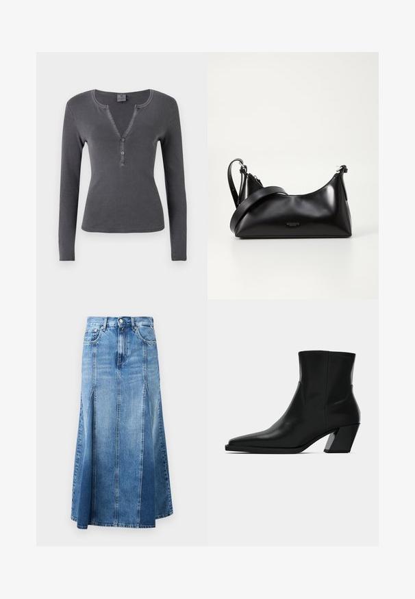 Top de manga larga en un gris oscuro, con escote en V, tapeta de tres botones y diseño ajustado. Textura suave y lisa con costuras mínimas.; Falda de mezclilla con un degradado de azul claro a oscuro, hasta la rodilla, de corte recto, con aberturas frontales y cierre clásico de botones y cremallera.; Bota de tobillo de cuero negro con punta afilada, una silueta elegante y un tacón cuadrado grueso. Textura suave con detalles de costura mínimos.; Bolso de mano de cuero negro con una textura suave. Cuenta con una correa ajustable y un diseño elegante y minimalista con cierre de cremallera.