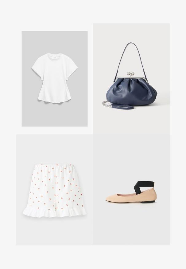 Valge lühikeste varrukatega ümara kaelusega T-särk, millel on õrnad lehvikulised küljed ja kaeluses silt, millel on kiri „IVY OAK”, helehallil taustal.; Valged lühikesed püksid väikeste punaste maasikaprintidega, volangääre ja elastse vöökoha mugavuse tagamiseks. Valmistatud kergest kangast.; Beez värvi nahast balleti kingad terava ninaga ja must rihm ümber pahkluude, millel on sile tekstuur ja minimalistlik disain.; Pehme tumesinine nahast käekott hõbedase klambriga, ühe õlarihmaga ja eemaldatava ketiga randmerihmaga valgel taustal.