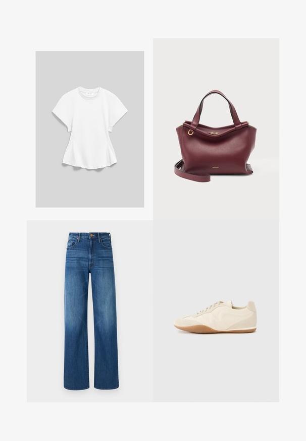 Hvid t-shirt med korte ærmer og rund hals med let udvidede sider og et mærke med teksten "IVY OAK" indeni kraven, på en lys grå baggrund.; Mother THE LASSO SNEAK - Jeans Relaxed Fit - dark blue denim; Lyse beige sneakers med en tekstureret læderoverdel, teksturerede sider og en gummisål. Har et slankt, strømlinet design og flade snørebånd.; Mørkerød læderhåndtaske med to håndtag, en aftagelig skulderrem og guld lynlås og logodetaljer på hvid baggrund.