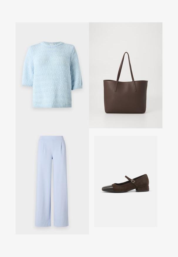 Lyseblå strikket sweater med korte ærmer og rund halsudskæring. Mønstret struktur med ribbet kant. Blødt, luftigt materiale.; Lyseblå brede bukser lavet af blødt stof med en glat tekstur, der har en bred talje og subtile Folds foran.; Brun ruskind Mary Jane-sko med en sort laklæder tåhætte, justerbar rem og en lav blokhæl. Glat tekstur med minimale detaljer.; Brun læder tote taske med en tekstureret overflade, to skulderremme og et rummeligt åbent design uden udvendige lommer.