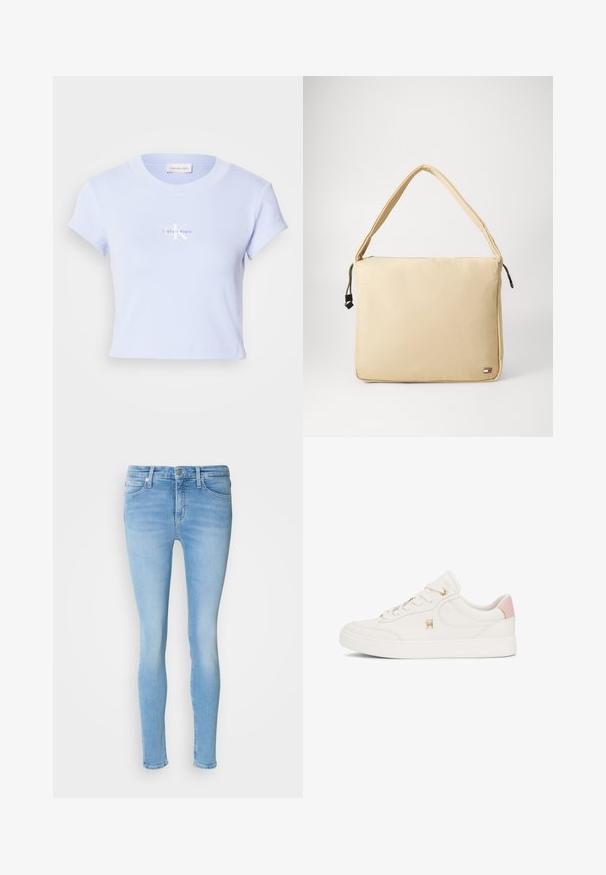 Lyseblå cropped t-shirt med korte ærmer, ribbet struktur og en hvid trykt logo, der står "Calvin Klein" på forsiden.; Lyseblå skinny jeans lavet af denim med mid-rise talje, der har forlommer, bæltesløjfer og en glat tekstur.; Hvide lædersneakers med rund tå, tyk sål, guldhardware-detalje og en lyserød hælflap. Har snørebåndsdesign og logo-detalje.; Beige nylon skuldertaske med en glat overflade, bred krop, justerbar rem og lynlåslukning. Indeholder et logo mærke på fronten.