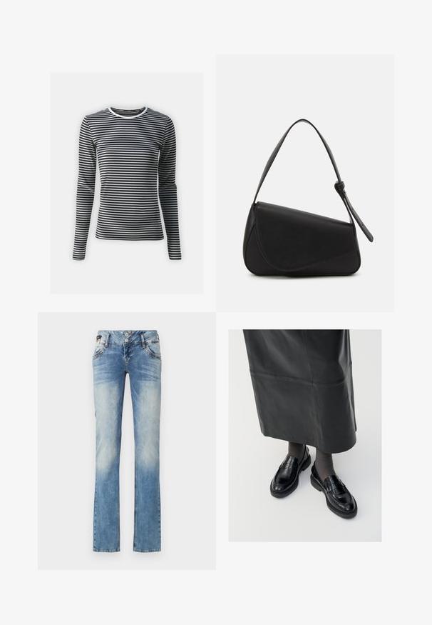 Langärmliges Oberteil in schwarz-weiß mit horizontalen Streifen, mit Rundhalsausschnitt und geripptem Textur. Aus dehnbarem Stoff gefertigt.; Helleblaue Denim-Jeans mit geradem Bein, ausgestattet mit einem Fünf-Knopf-Verschluss, Fronttaschen und dezenten Ausbleichungen.; Schwarze Lederloafers mit glatter Oberfläche, verziert mit einem dekorativen Riemen, runder Zehenpartie und texturierten Sohlen. Getragen mit einem langen schwarzen Lederrock.; Schwarze Lederhandtasche mit dreieckiger Form, schrägem Klappdeckel und rundem Oberhandgriff. Verfügt über eine glatte Textur und minimalistische Designdetails.