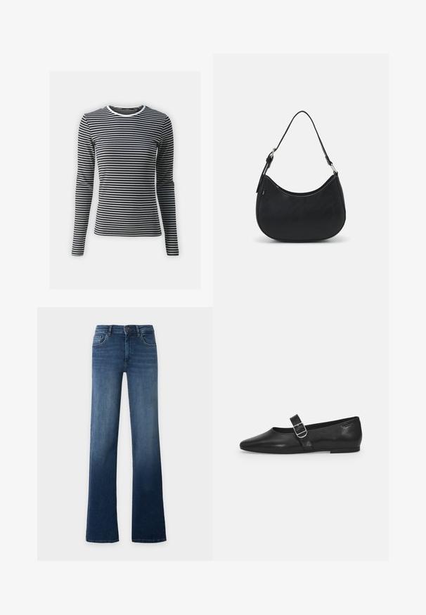 Langärmliges Oberteil in schwarz-weiß mit horizontalen Streifen, mit Rundhalsausschnitt und geripptem Textur. Aus dehnbarem Stoff gefertigt.; Blaue High-Waist-Jeans mit geradem Bein, Knopf- und Reißverschluss, Vorder- und Gesäßtaschen, auf schlichtem, hellem Hintergrund dargestellt.; Schwarzer Lederflatschuh mit runder Zehenform, einem verstellbaren Schnallenriemen und einer glatten, glänzenden Oberfläche. Minimalistisches Design mit einem niedrigen Absatz.; Schwarze Hobo-Tasche aus glattem Leder mit einer geschwungenen Silhouette, ausgestattet mit einem einzelnen verstellbaren Trageriemen und minimalistischem Design.