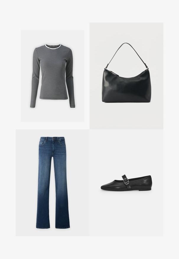 Langärmliges Oberteil in schwarz-weiß mit horizontalen Streifen, mit Rundhalsausschnitt und geripptem Textur. Aus dehnbarem Stoff gefertigt.; Blaue High-Waist-Jeans mit geradem Bein, Knopf- und Reißverschluss, Vorder- und Gesäßtaschen, auf schlichtem, hellem Hintergrund dargestellt.; Schwarzer Lederflatschuh mit runder Zehenform, einem verstellbaren Schnallenriemen und einer glatten, glänzenden Oberfläche. Minimalistisches Design mit einem niedrigen Absatz.; Schwarze Schultertasche aus strukturiertem Leder mit gewölbtem Reißverschluss oben und einem verstellbaren Riemen vor einfarbigem Hintergrund.