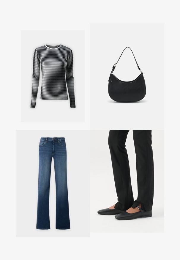 Langarmshirt in zwart-witte horizontale strepen, met een ronde halslijn en geribbelde textuur. Gemaakt van rekbaar materiaal.; Blauwe high-waist jeans met rechte pijpen, knoop- en ritssluiting, voor- en achterzakken, getoond op een effen lichte achtergrond.; Benen met zwarte smalle broek met voorsplitten aan de zoom, gecombineerd met zwarte platte Mary Jane-schoenen met een klein gespje.; Zwarte hobo tas van soepel leer met een gebogen silhouet, voorzien van een enkele verstelbare schouderriem en minimalistische ontwerpdetails.