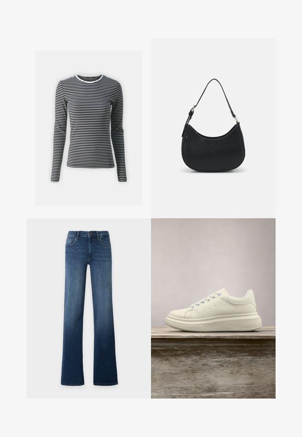 Langarmshirt in zwart-witte horizontale strepen, met een ronde halslijn en geribbelde textuur. Gemaakt van rekbaar materiaal.; Blauwe high-waist jeans met rechte pijpen, knoop- en ritssluiting, voor- en achterzakken, getoond op een effen lichte achtergrond.; Witte leren sneaker met ronde neus, gladde textuur en contrasterende veters. Heeft ventilatiegaten en een dikke rubberen zool voor comfort.; Zwarte hobo tas van soepel leer met een gebogen silhouet, voorzien van een enkele verstelbare schouderriem en minimalistische ontwerpdetails.