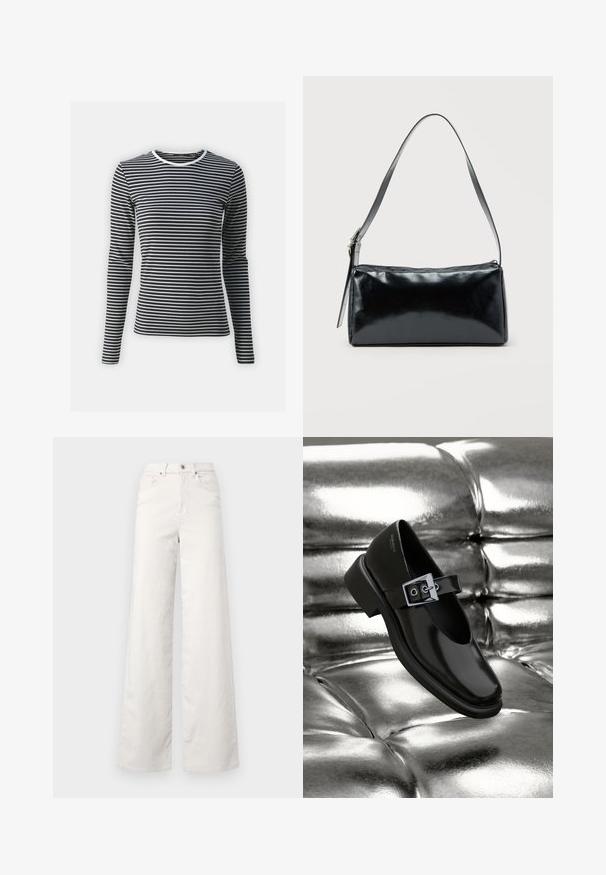 Langarmshirt in zwart-witte horizontale strepen, met een ronde halslijn en geribbelde textuur. Gemaakt van rekbaar materiaal.; ONLY Tall ONLHOPE GLOBAL HIGH WAIST WIDE - Broek - pumice stone; Zwarte leren Mary Jane-schoenen met een vierkante neus, een zilveren gesp accent en een chunky lage hak, tegen een glanzende zilveren achtergrond.; Zwarte rechthoekige schoudertas met een enkele verstelbare band en een bovenste ritssluiting op een effen achtergrond.