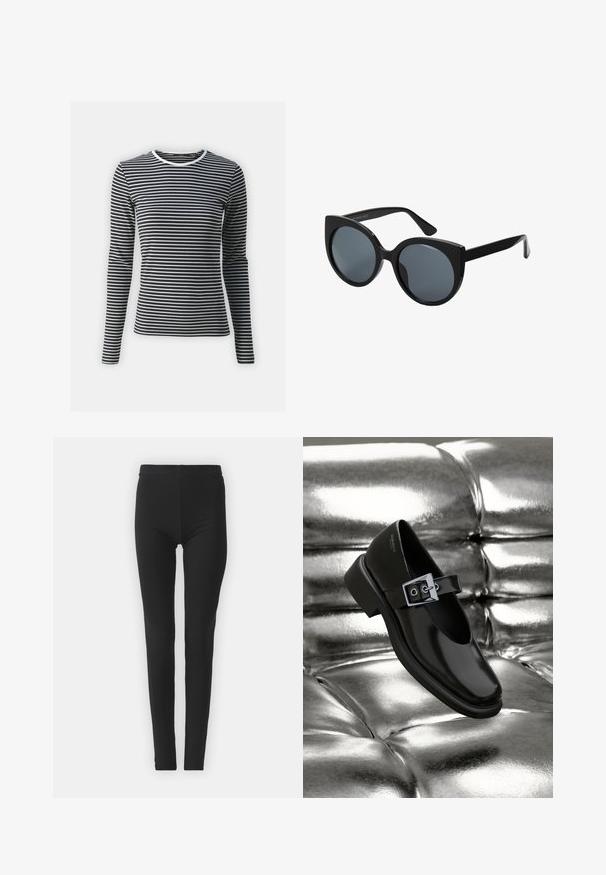 T-shirt à manches longues en rayures horizontales noires et blanches, avec un col rond et une texture côtelée. Fabriqué en tissu extensible.; Leggings noirs, extensibles, avec une coupe ajustée, featuring une taille haute et une texture lisse. Sans motifs visibles ni détails en matériel.; Chaussure Mary Jane en cuir noir avec un bout carré, un accent de boucle en argent et un talon bas épais, sur un fond argenté brillant.; Lunettes de soleil oversize noires en forme d'œil de chat, avec des verres teintés foncés et une monture en plastique brillant. Caractéristiques de branches épaisses pour le soutien.