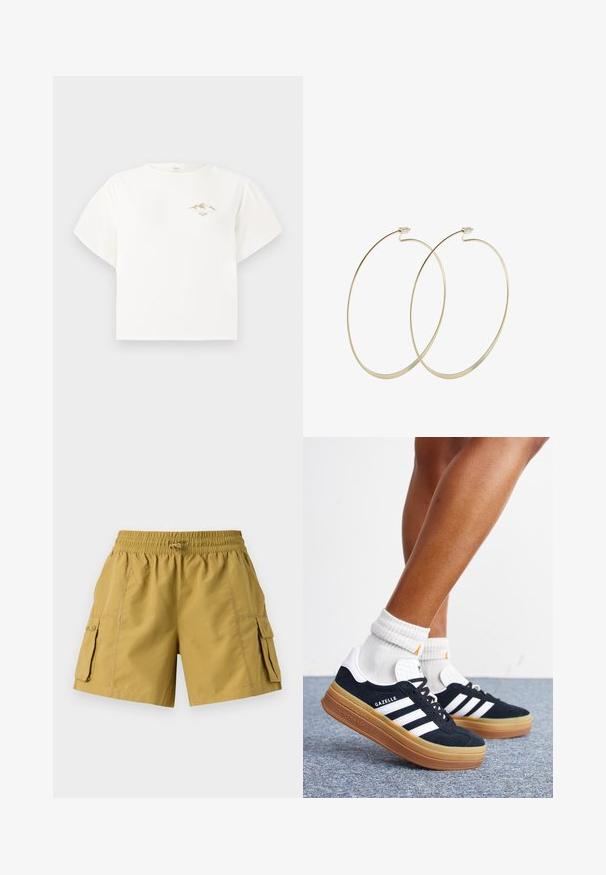 Witte t-shirt met korte mouwen, gemaakt van katoen, met een kleine gouden bergafbeelding op de borst en een losse, boxy pasvorm.; Korte cargo shorts in kaki met een elastische tailleband, trekkoord en twee zijzakken. Gemaakt van lichte stof met een gladde textuur.; Ben met witte sokken en zwarte Adidas Gazelle sneakers met witte strepen en dikke bruine zolen op een grijs tapijt.; Pilgrim Oorbellen - gold-coloured