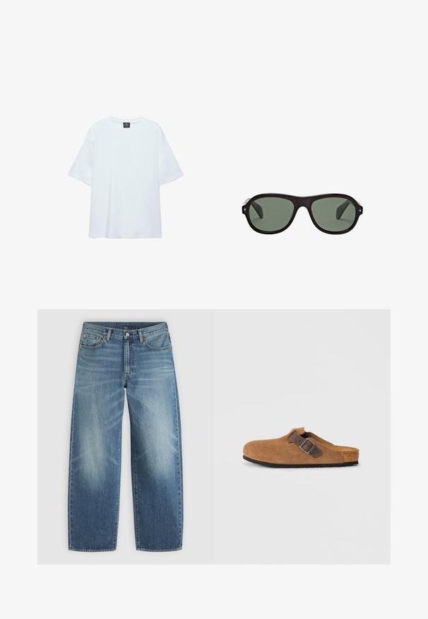Hvid, oversized T-shirt med korte ærmer og rund halsudskæring, med en sort etiket inde i kraven på en hvid baggrund.; Blå denimjeans med lige ben, forreste knap og lynlås samt styling med fem lommer.; Brune ruskindsklogs med en justerbar brun læderrem og sølv spænde, der har en formet korkfodbed og en tekstureret gummi sål.; Sorte ovale solbriller med mørkegrønne linser og små sølvstjerneformede detaljer på kantene af stellet.