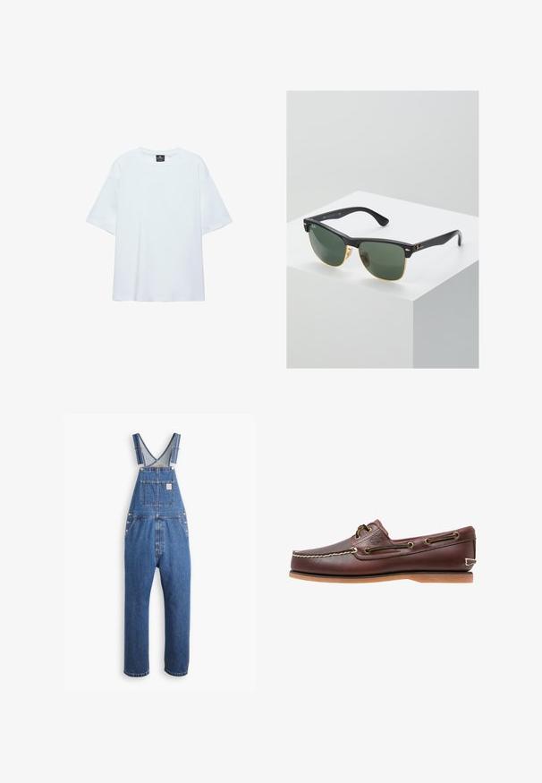 Schlichtes, weißes, übergroßes T-Shirt mit kurzen Ärmeln, rundem Ausschnitt und einem schwarzen Etikett innen am Kragen vor weißem Hintergrund.; Denim-Latzhose in Mittelblau, mit verstellbaren Trägern, einer Brusttasche und metallischen Beschlägen, im lässigen Schnitt und geradem Bein-Design.; Brauner Leder-Bootsschuh mit weißen Nähten, Schnürdetails und hellbrauner Gummisohle, seitlich auf weißem Hintergrund gezeigt.; Ray-Ban Sonnenbrillen mit grünen Gläsern, schwarzen Kunststoffrahmen und goldenen Akzenten an den Rändern. Quadratische Form mit matter Oberfläche.