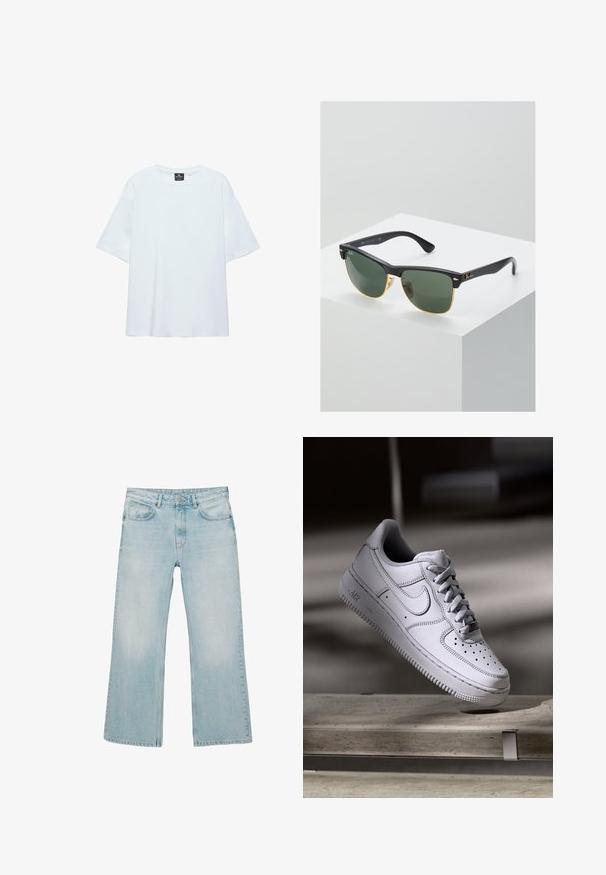 T-shirt blanc uni oversize à manches courtes avec col rond et étiquette noire à l'intérieur du col sur fond blanc.; Jean large coupe pattes d'éléphant bleu clair avec fermeture par boutons sur le devant, fermeture éclair et cinq poches, sur fond blanc.; La basket Nike Air Force 1 en cuir blanc présente un embout perforé, des lacets plats et une semelle en caoutchouc texturée avec le logo « AIR » sur le côté.; Lunettes de soleil Ray-Ban avec des verres verts, monture en plastique noir et accents dorés sur les bords. Forme carrée avec une finition mate.