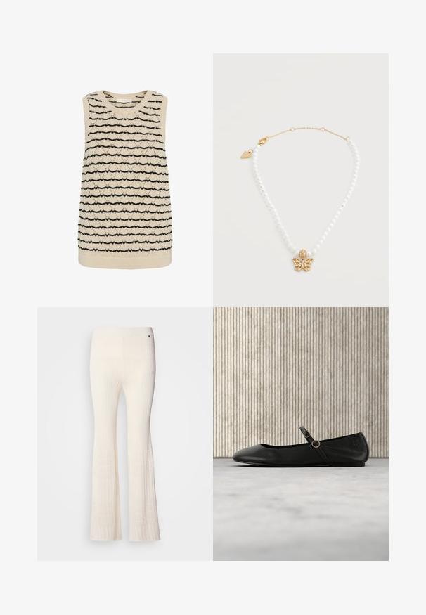 Gilet en tricot beige sans manches avec des rayures horizontales noires et un motif en losanges texturé sur toute la surface.; Pantalon en tricot côtelé couleur crème avec des jambes évasées et un motif en dentelle texturé à l'ourlet inférieur. Matière douce avec une taille ajustée.; Ballerine en cuir noir avec bout arrondi, dotée d'une fine lanière et d'une boucle circulaire dorée. Texture lisse et design minimaliste.; Collier avec petites perles blanches, fermoir en chaîne dorée et pendentif en forme de papillon en or orné de minuscules perles et cristaux.