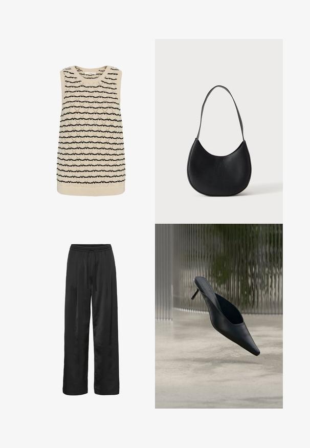 Chaleco de punto sin mangas beige con rayas horizontales negras y un patrón texturizado de diamantes en todo el tejido.; Pantalones de pierna ancha negros, hechos de una tela suave y brillante. Cuentan con una cinturilla elástica con cordón para un ajuste ajustable.; Zapato mule negro de punta fina con tacón alto y delgado flotando sobre un suelo de hormigón liso, con un fondo desenfocado de rayas verticales.; Bolso de hombro negro de cuero en forma de media luna con una sola correa y el nombre de la marca en relieve sutil sobre un fondo liso y claro.
