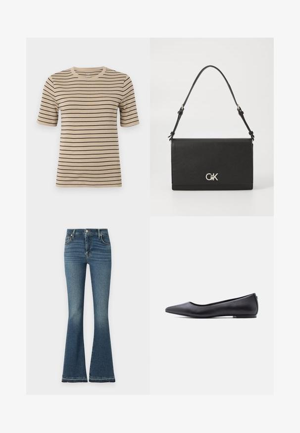 Beige kortærmet t-shirt med sorte vandrette striber. Har en rund hals og en blød, glat tekstur.; Bredde jeans i mellemblå denim med høj talje, diskret slid, fem-lommemodel og synlige syninger.; Sort flad lædersko med spidst tåparti og lav hæl, vist i sideprofil mod en hvid baggrund.; Sort læder crossbody taske med en glat tekstur, klaplukning og en sølv logo accent. Indeholder en justerbar rem.