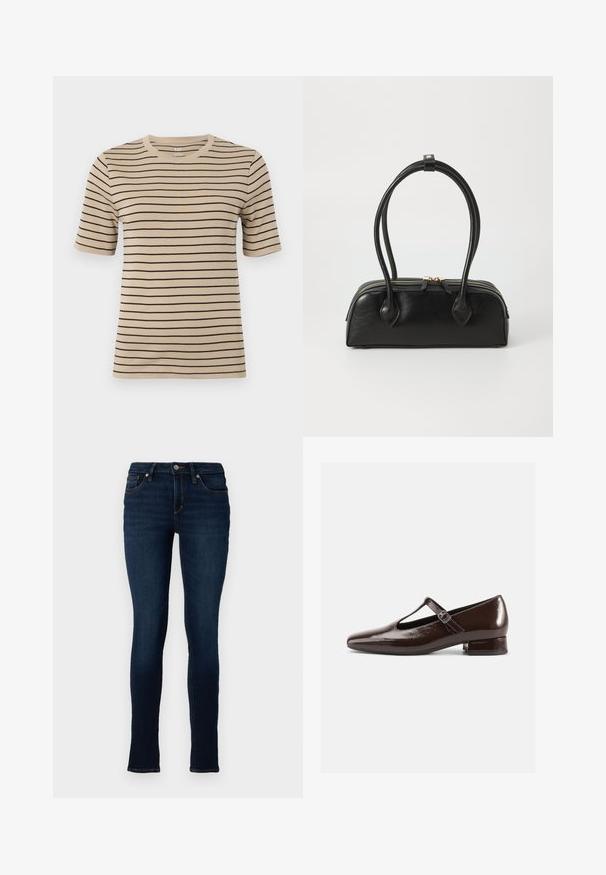 Beige t-shirt met korte mouwen en zwarte horizontale strepen. Beschikt over een ronde hals en een zachte, gladde textuur.; TOM TAILOR DENIM TTJONA SKINNY FIT - Jeans Skinny Fit - used dark stone blue denim; Bruine lakleren Mary Jane-schoenen met een afgeronde neus, een uitgesneden ontwerp en een verstelbare riem. Lage blokhak.; Zwarte leren handtas met twee verlengde handvatten, ritsluiting en ronde vorm; gladde textuur met subtiele glanzende afwerking.